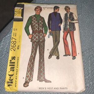 Vintage 70s McCalls 2687 Mens Sewing Pattern Chest 42 Waist 36 Pants Vest CUT